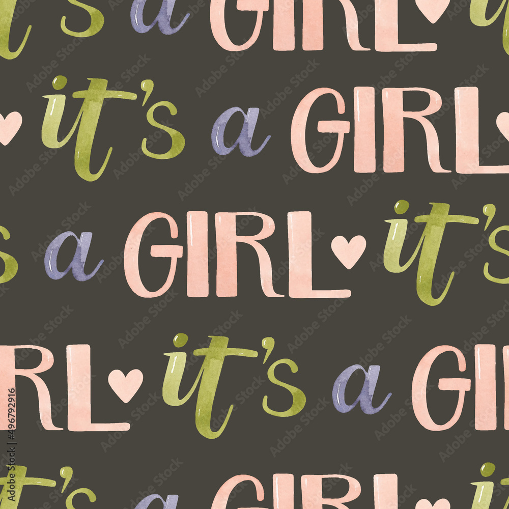 It's a girl watercolor lettering seamless pattern on dark background