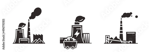 Coal power station icons set. Editable vector illustration