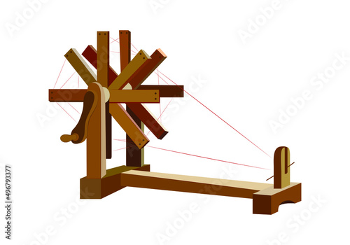 Illustration of charkha on the birthday of Gandhi. National handloom day. Wooden charkha, weaving equipment.