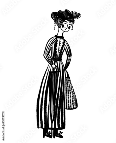 drawing picture of mary poppins standing with umbrella, sketch, hand drawn digital vector illustration