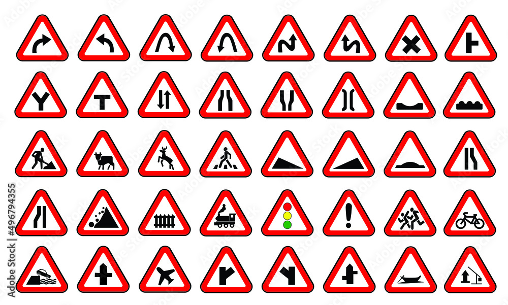 Collection of traffic, work, safety, harmful road safety signs. Safety alerts or indications. Collection of traffic, work, safety, harmful road safety signs. Safety alerts or indications.