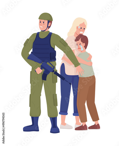 Soldier protects family semi flat color vector characters. Standing figures. Full body people on white. Militant defends people simple cartoon style illustration for web graphic design and animation