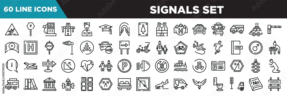 signals set line icons set. linear icons collection. wet floot, parking, fuel oil bomb service, bridge on avenue perspective vector illustration