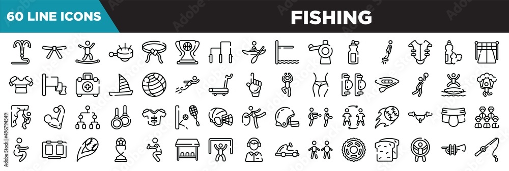 fishing line icons set. linear icons collection. grappling hook, black belt, highlining, ringer vector illustration