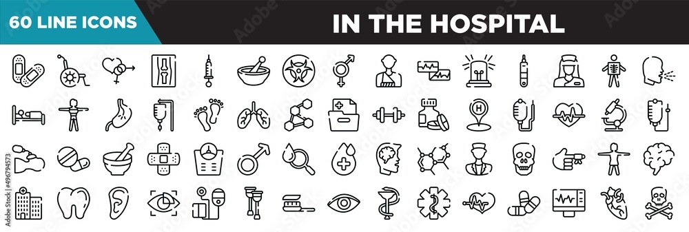 in the hospital line icons set. linear icons collection. sticking plaster, wheelchair, united heterosexual, x ray of bones vector illustration