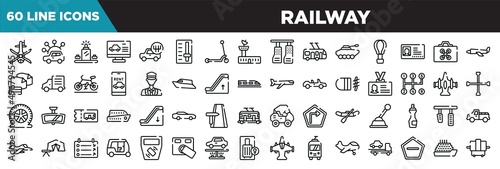railway line icons set. linear icons collection. helicopter black shape top view, carsharing, luggage scan, computer test vector illustration