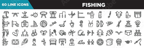 fishing line icons set. linear icons collection. grappling hook, black belt, highlining, ringer vector illustration
