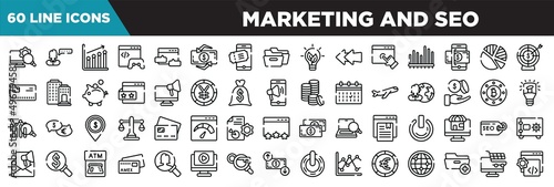 marketing and seo line icons set. linear icons collection. monitoring system, user review, seo performance, game developing vector illustration