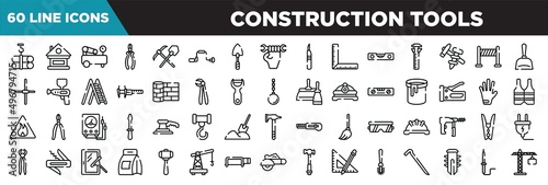 construction tools line icons set. linear icons collection. tubes hook, lodge, air compressor, nippers vector illustration