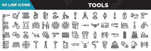 tools line icons set. linear icons collection. hacksaw, turquoise, radiator, allen keys vector illustration