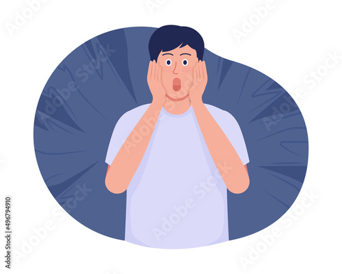 Terrified man 2D vector isolated illustration. Feeling scared and helpless flat character on cartoon background. Horror stricken guy colourful scene for mobile, website, presentation