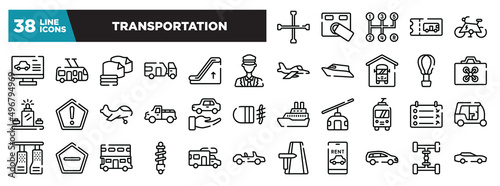 set of transportation icons in thin line style. outline web icons collection. cross wrench, access control, manual transmission, bus ticket, electric bike vector illustration