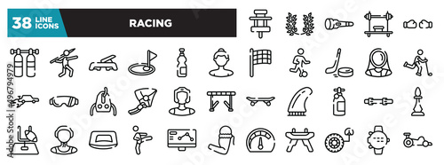 set of racing icons in thin line style. outline web icons collection. paddock, laurel wreath, dive light, bench press, punching vector illustration