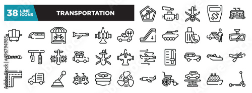 set of transportation icons in thin line style. outline web icons collection. no liquid, car engine, helicopter black shape top view, ticket validator, trolley car vector illustration