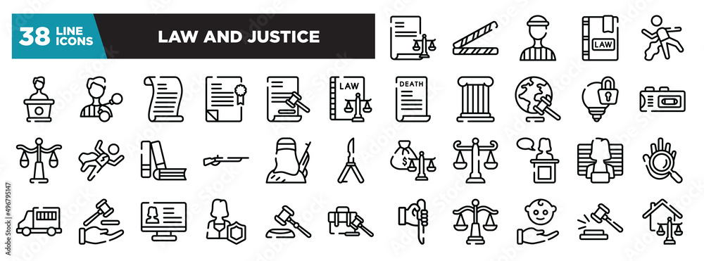 set of law and justice icons in thin line style. outline web icons collection. corporative law, police line, prisioner, law book, corpse vector illustration