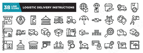 set of logistic delivery instructions icons in thin line style. outline web icons collection. worldwide delivery, parachute box, light weight, delivery delay, prohibited vector illustration