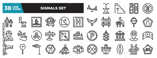 set of signals set icons in thin line style. outline web icons collection. children on teeter totter, public fountain, ascending stairs, semaphore lights, wheel vehicle part vector illustration