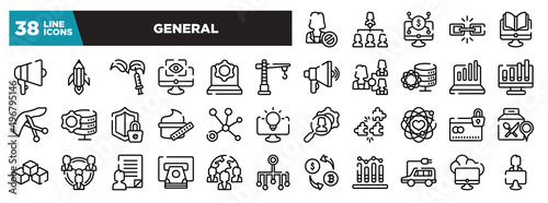 set of general icons in thin line style. outline web icons collection. impeachment, hr strategy, digital economy, chain, distance learning vector illustration