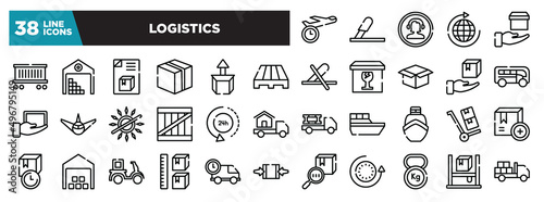 set of logistics icons in thin line style. outline web icons collection. shipping by plane, use cutter, phone assistance, distribution, delivery in hand vector illustration