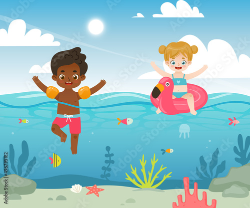 Cute kids swimming in the sea with inflatable equipment. Cartoon underwater landscape with adorable children.