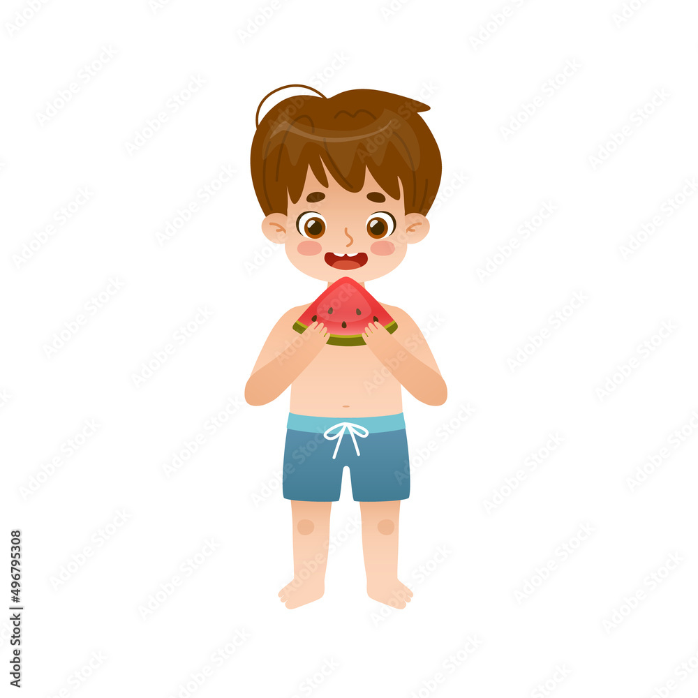 Adorable baby boy eating watermelon. Cute kid in swimwear with slice of watermelon.