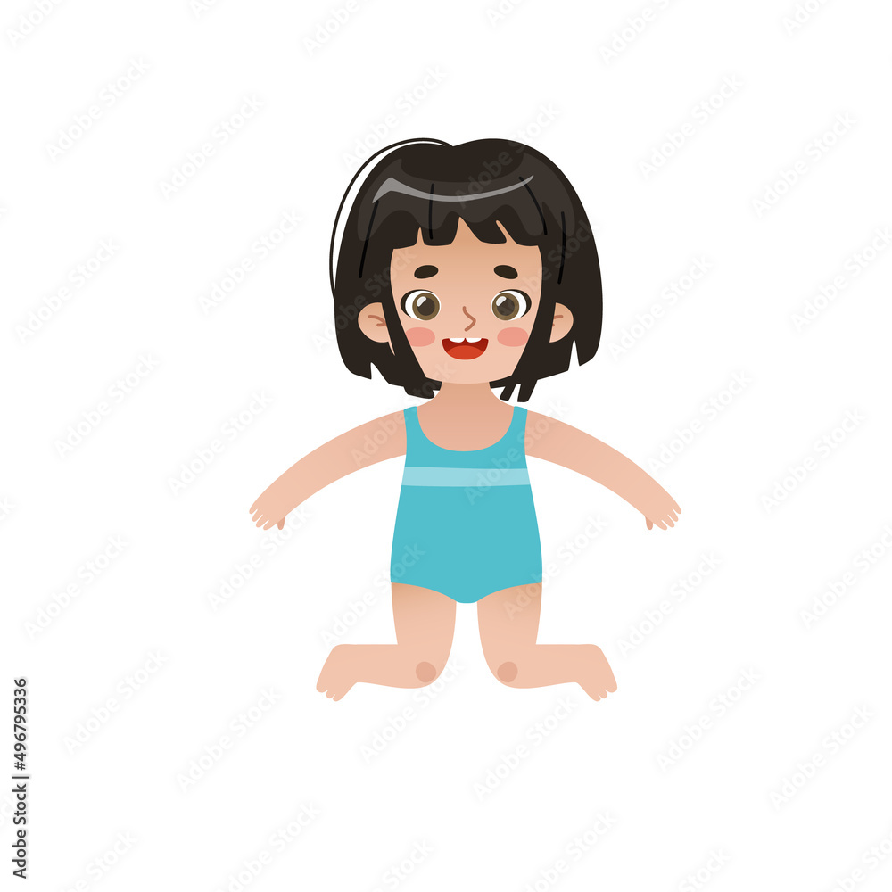 Cute asian baby girl in swimwear jumping. Happy little child in swimsuit. Adorable summertime kid. Cute asian baby girl in swimwear jumping. Happy little child in swimsuit. Adorable summertime kid.