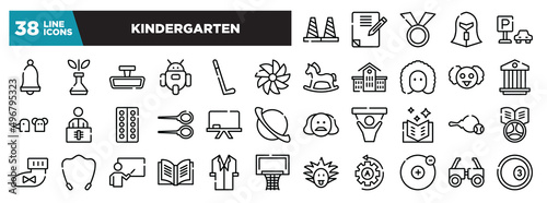 set of kindergarten icons in thin line style. outline web icons collection. bollards, homework, medals, spartan, car park vector illustration