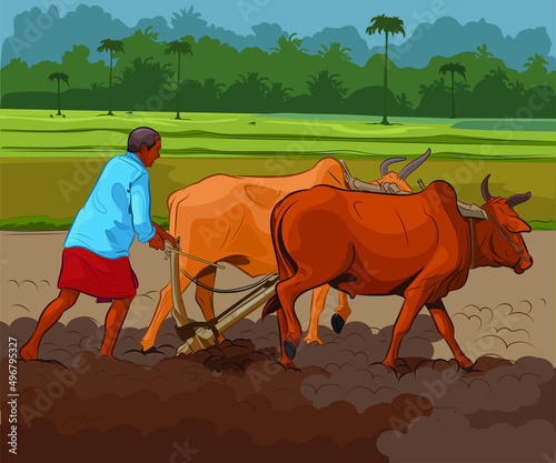 Vector design of an Indian peasant plowing the earth