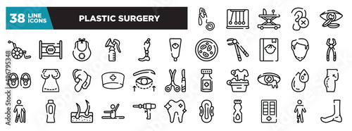 set of plastic surgery icons in thin line style. outline web icons collection. oxygen mask, momentum, baby walker, impaired, contact lens vector illustration