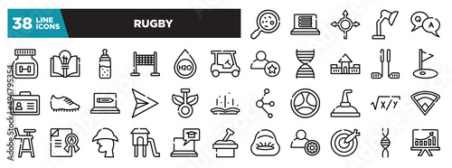 set of rugby icons in thin line style. outline web icons collection. microorganism, e-learning, roundabout, adjustable lamp, qa vector illustration