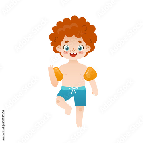 Cute red hair boy in inflatable armbands. Cartoon summer kid in swimwear. Happy child jumping.