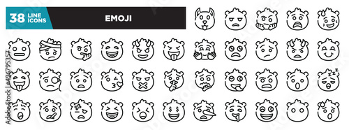 set of emoji icons in thin line style. outline web icons collection. dog emoji, bored emoji, suspect scared shy vector illustration