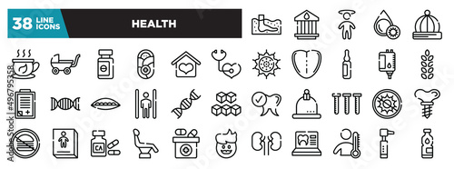 set of health icons in thin line style. outline web icons collection. thalassotherapy, blood bank, dizzy, platelet, baby hat vector illustration