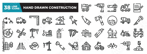set of hand drawn construction icons in thin line style. outline web icons collection. trolley with cargo, null, road barrier, truck with crane, measures plan vector illustration