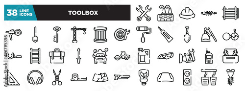 set of toolbox icons in thin line style. outline web icons collection. double wrench, wastes, utensils, suspension, condenser vector illustration