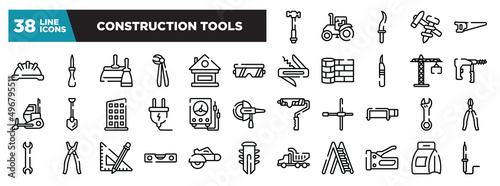 set of construction tools icons in thin line style. outline web icons collection. hammer facinf left, farm tractor, kirpan, construction tools, metal saw vector illustration