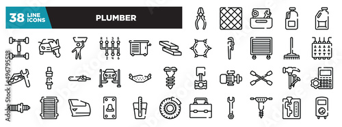 set of plumber icons in thin line style. outline web icons collection. repair pliers, tile, wrench and nut, gallon oil, jerrycan vector illustration © VectorStockDesign