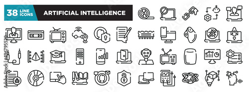 set of artificial intelligence icons in thin line style. outline web icons collection. magnetic tape, ban, backlink, synchronizing, webinar vector illustration