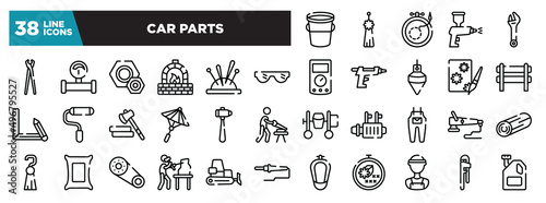 set of car parts icons in thin line style. outline web icons collection. water bucket, norigae, embroidery, spray paint gun, spanner vector illustration