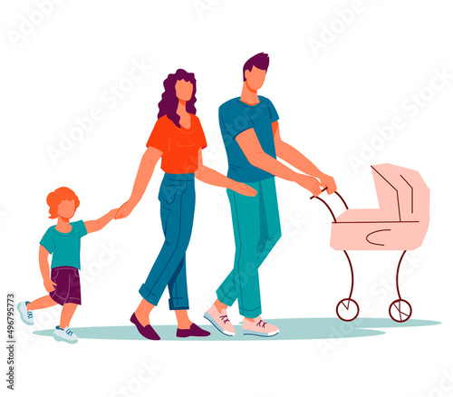 Family couple with two children walking together, flat vector isolated.