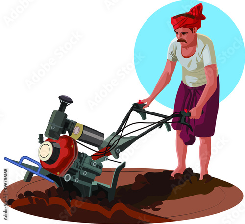 Vector design of an Indian peasant plowing the earth