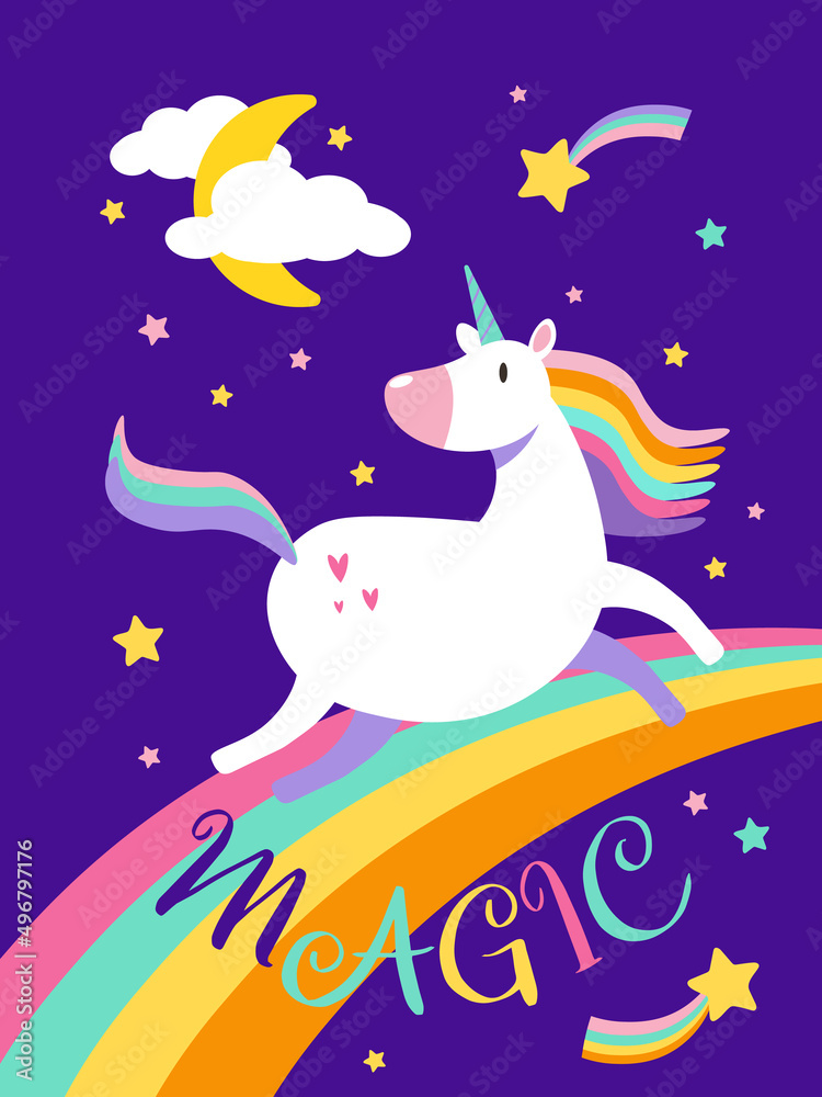 Vector illustration of a magical unicorn with rainbow and clouds background. Poster with text Magic . EPS