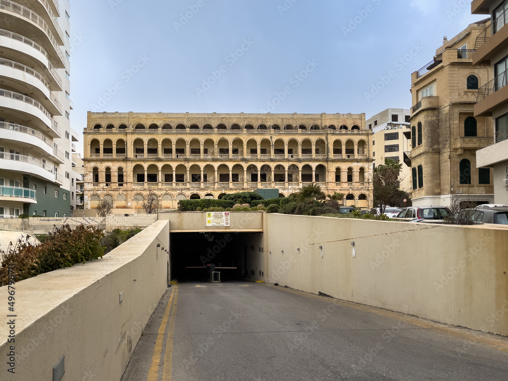 Road leading to the entrance of an underground car park under the Fort Cambridge officers’ mess, built in 1905 for the British army in Sliema, Malta.
