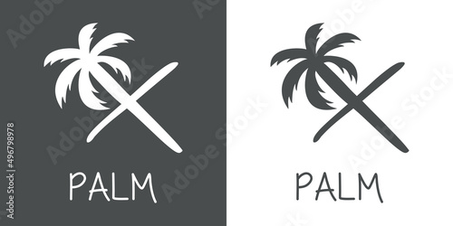Logotipo texto Palm con letra X en tipografía con forma de silueta de palmera en fondo gris y fondo blanco
