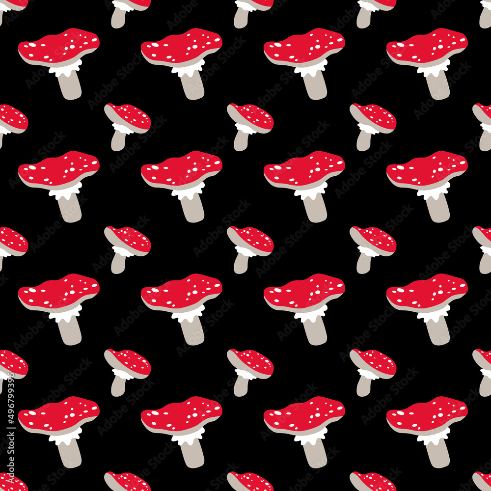 Obraz premium Seamless vector pattern with cute cartoon forest mushrooms fly agaric on a black background. Creative design for printing on fabric, Wallpaper and scrapbooking. EPS