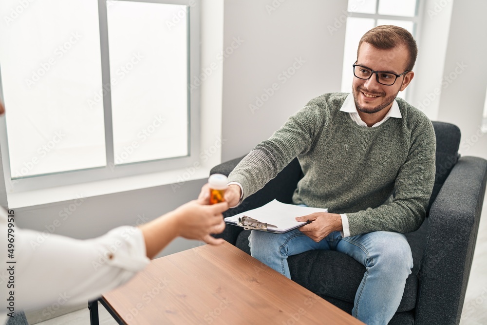Man and woman psychology and patient having psychologist session prescribe pills at psychology clinic