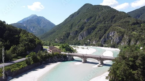 Tagliamento River at Tolmezzo, Udine, Italian Alps, Italy - Aerial Drone View of the Riverbed, Streaming Blue Gletsjer Water and Road through the Mountains