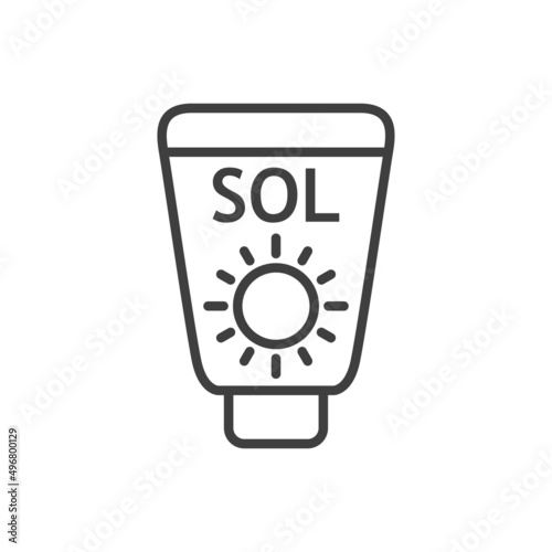Vacaciones de verano. Crema solar. Logotipo lineal con texto Sol en español en botella con líneas en color gris