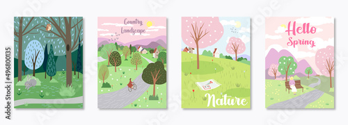 Set of cute illustrations with people and spring nature and summer. Vectir design for poster, card, invitation, placard, brochure, flyer and other EPS