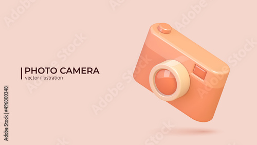 3D icon of Photo camera in trendy color with lens and button. Realistic vector illustration in cartoon minimal style.